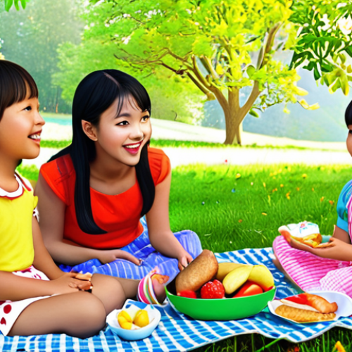 **Image Prompt:** "A vibrant, colorful scene depicting 콩순이 and her friends having a picnic. Focus on bright, engaging colors that appeal to young children. The style should resemble a children's book illustration, emphasizing friendship and sharing."