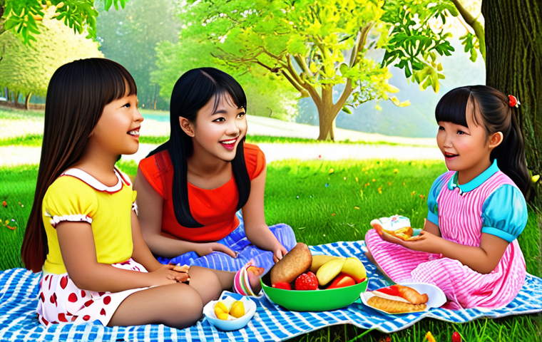 **Image Prompt:** "A vibrant, colorful scene depicting 콩순이 and her friends having a picnic. Focus on bright, engaging colors that appeal to young children. The style should resemble a children's book illustration, emphasizing friendship and sharing."