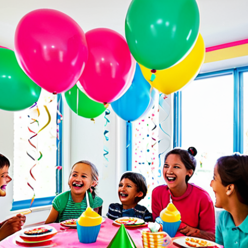 A vibrant birthday party scene filled with cheerful children, celebrating in a brightly lit, beautifully decorated indoor space. The room is adorned with an abundance of pink, blue, and light green balloons, some artfully shaped like a friendly, cute animated character. Streamers and colorful DIY paper cutouts featuring the character's friends hang playfully from the ceiling. Diverse children, fully clothed in modest, age-appropriate attire, are seen laughing, interacting, and engaged in fun activities. The atmosphere is joyful and dreamlike, emphasizing childlike innocence and happiness.