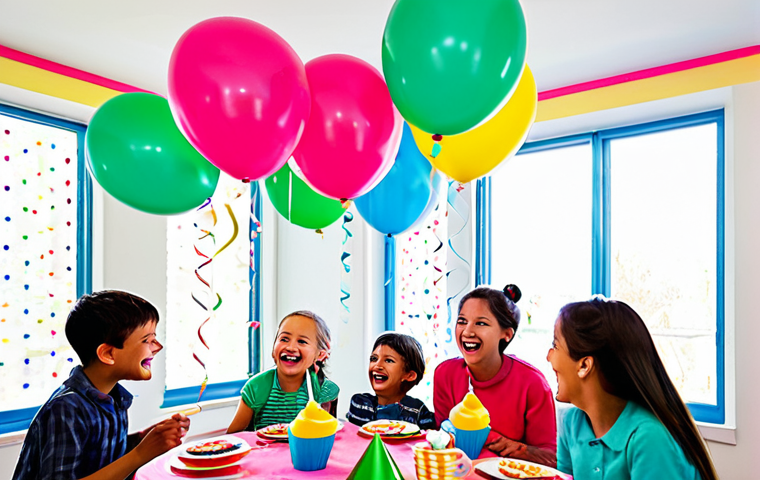 A vibrant birthday party scene filled with cheerful children, celebrating in a brightly lit, beautifully decorated indoor space. The room is adorned with an abundance of pink, blue, and light green balloons, some artfully shaped like a friendly, cute animated character. Streamers and colorful DIY paper cutouts featuring the character's friends hang playfully from the ceiling. Diverse children, fully clothed in modest, age-appropriate attire, are seen laughing, interacting, and engaged in fun activities. The atmosphere is joyful and dreamlike, emphasizing childlike innocence and happiness.