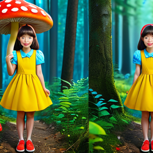 Kongsuni's Imaginary Adventure**

"A cute, fully clothed cartoon girl resembling Kongsuni wearing a bright yellow dress and red shoes, exploring a magical forest filled with colorful mushrooms and friendly animal characters. Perfect anatomy, correct proportions, vibrant colors, safe for work, appropriate content, family-friendly illustration, professional quality."

**