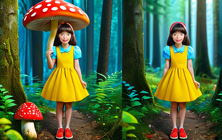 Kongsuni's Imaginary Adventure**

"A cute, fully clothed cartoon girl resembling Kongsuni wearing a bright yellow dress and red shoes, exploring a magical forest filled with colorful mushrooms and friendly animal characters. Perfect anatomy, correct proportions, vibrant colors, safe for work, appropriate content, family-friendly illustration, professional quality."

**