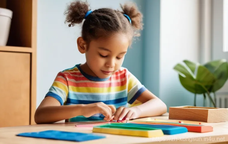 콩순이 DIY 프로젝트 - **Prompt:** A curious and focused elementary school-aged child, wearing a brightly colored, short-sl...