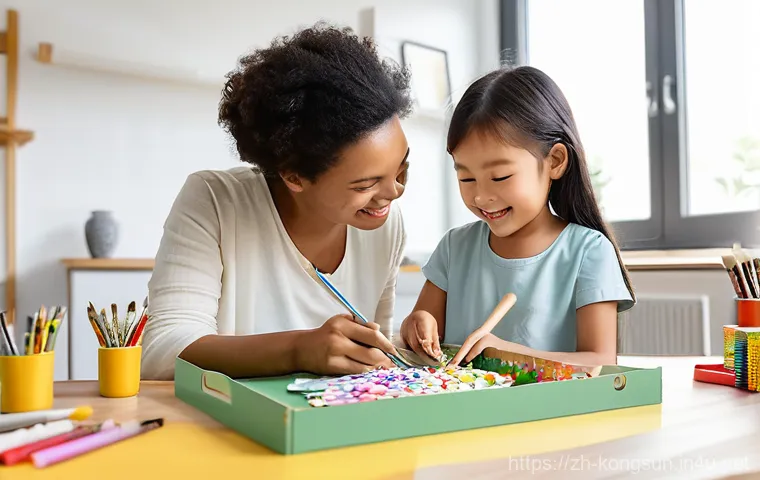 콩순이 DIY 프로젝트 - **Prompt:** A curious and focused elementary school-aged child, wearing a brightly colored, short-sl...