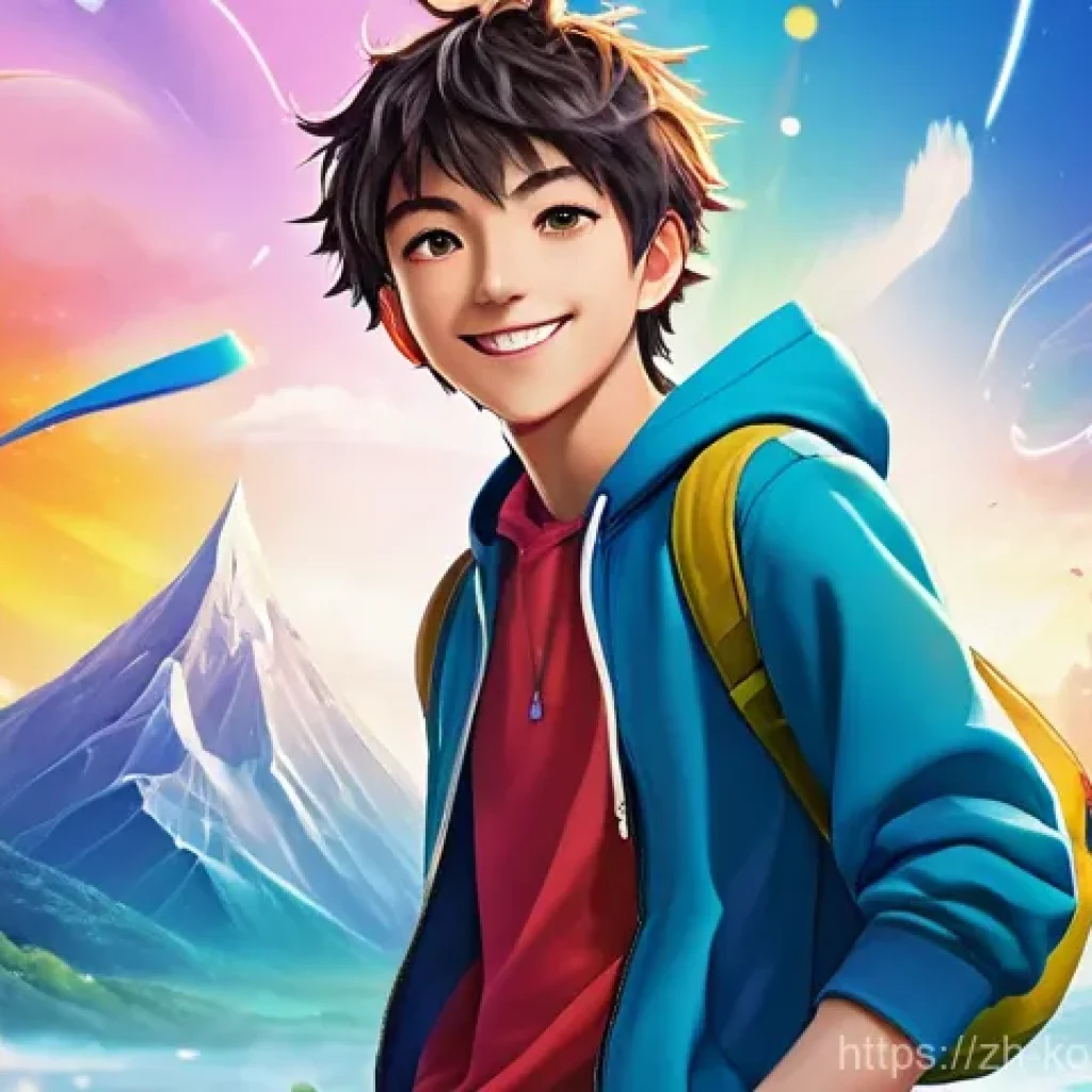 콩순이 캐릭터로 배우는 성격 유형 - An energetic and cheerful anime character, a teenage boy with bright, sparkling eyes and a dynamic, ...