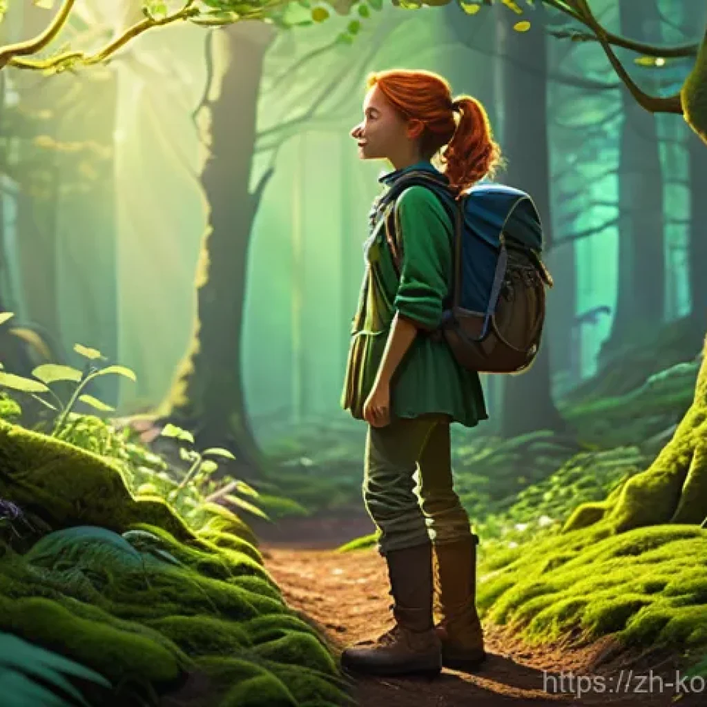 콩순이 주요 목소리 배우 - A whimsical illustration of a young, curious adventurer, around 16 years old, standing on a winding ...