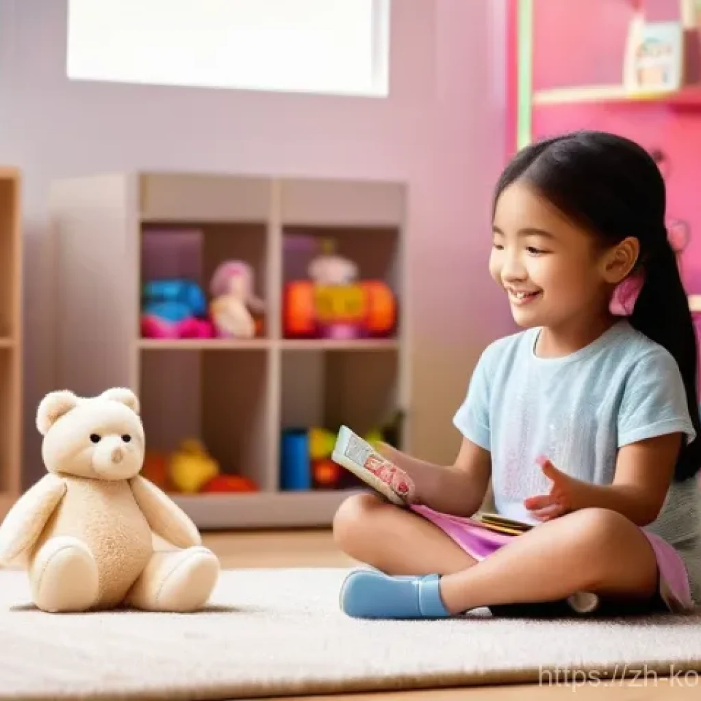 콩순이 완구 업계 트렌드 - **Prompt:** A heartwarming scene of a cheerful 7-year-old girl, fully clothed in comfortable, colorf...