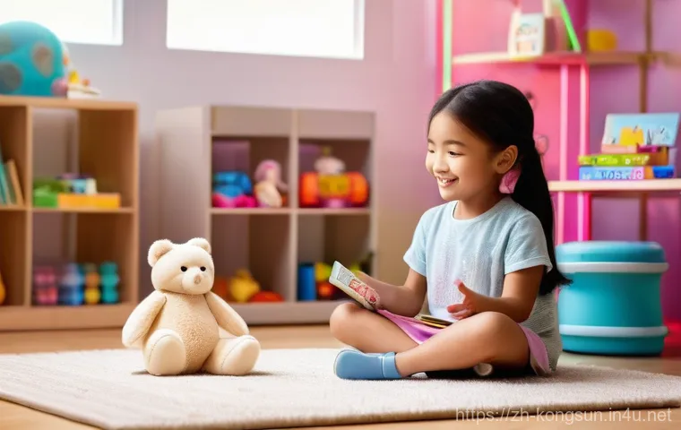 콩순이 완구 업계 트렌드 - **Prompt:** A heartwarming scene of a cheerful 7-year-old girl, fully clothed in comfortable, colorf...