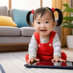 콩순이 영어 더빙 버전 - A joyful East Asian toddler, about 3 years old, with bright eyes and a wide smile, wearing a clean, ...
