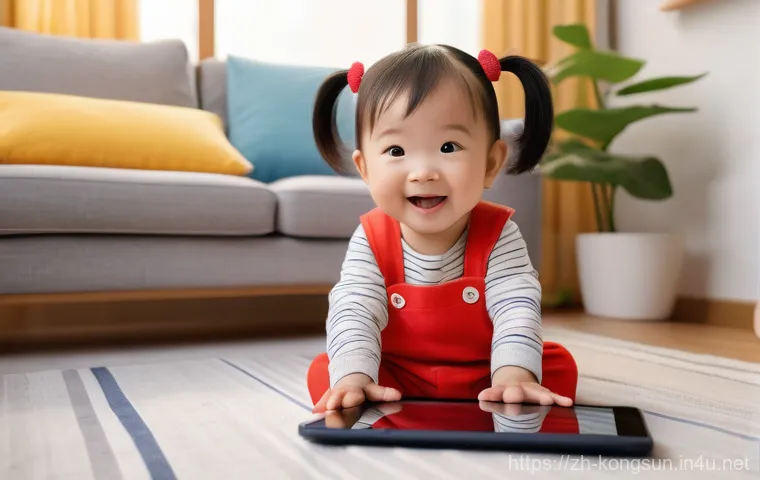 콩순이 영어 더빙 버전 - A joyful East Asian toddler, about 3 years old, with bright eyes and a wide smile, wearing a clean, ...