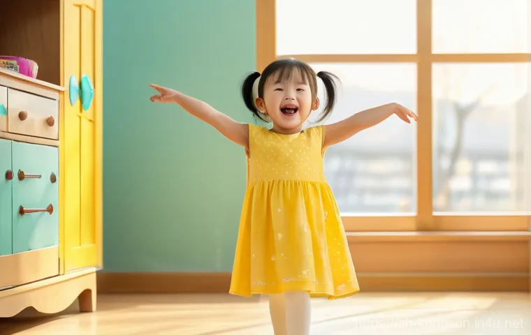 콩순이 영어 더빙 버전 - A happy East Asian child, around 5 years old, wearing a comfortable, age-appropriate T-shirt and sho...