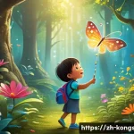 콩순이 콘텐츠 창작자 인터뷰 - A whimsical and vibrant outdoor scene set in a fantastical, sparkling forest. The beloved character ...