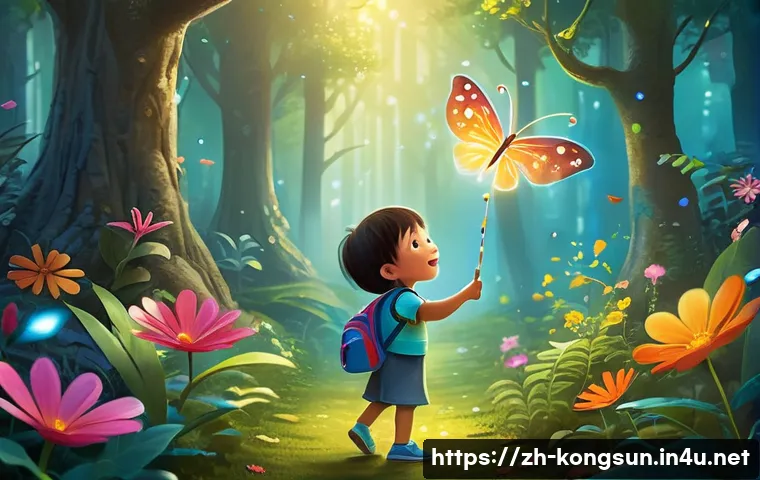 콩순이 콘텐츠 창작자 인터뷰 - A whimsical and vibrant outdoor scene set in a fantastical, sparkling forest. The beloved character ...