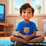 콩순이 시청 가이드라인 - **Prompt:** A cheerful 4-year-old boy, wearing a bright blue t-shirt and comfortable shorts, is sitt...