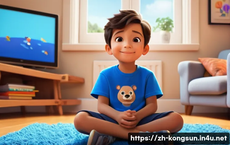 콩순이 시청 가이드라인 - **Prompt:** A cheerful 4-year-old boy, wearing a bright blue t-shirt and comfortable shorts, is sitt...