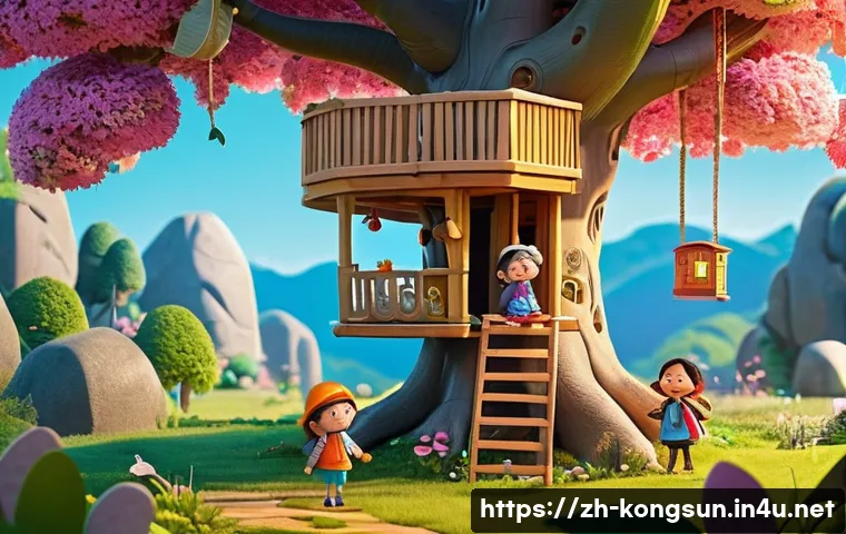 콩순이 애니메이션의 주제별 분석 - **A heartwarming scene of Kongsooni and her friends, DooDoo and Mia, collaboratively building a colo...